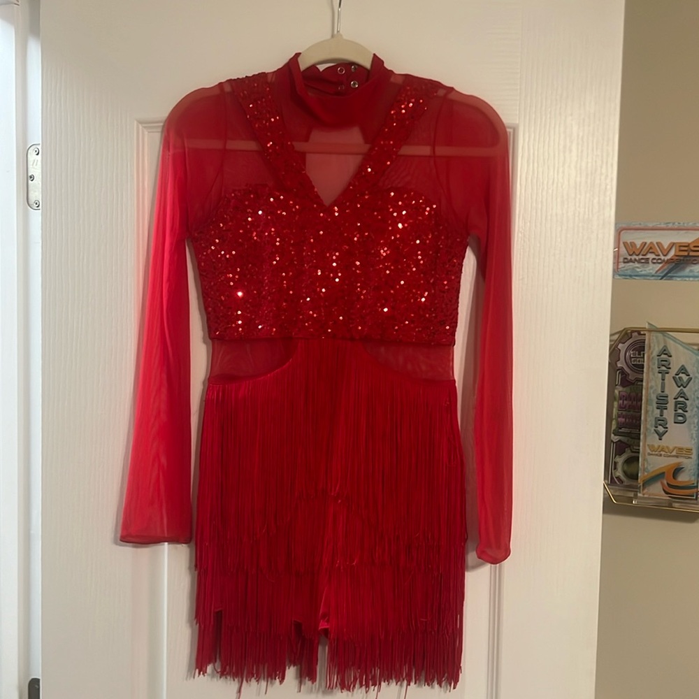A red Weissman Costume. With mesh hip cutouts and fringe(with shorts under them) - Picture 1 of 2